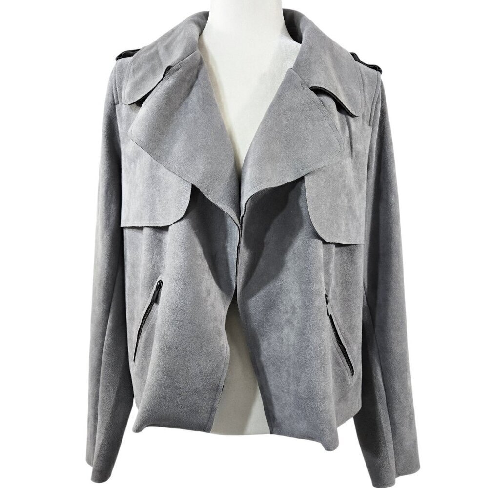 Kut from the Kloth Jacee Gray Faux Suede Draped Open Front Moto Jacket